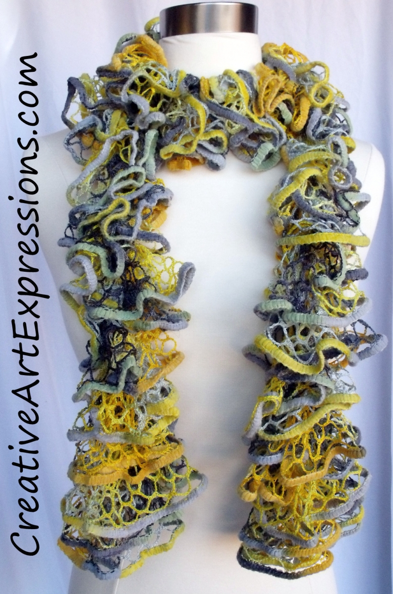 Creative Art Expressions Hand Knit Yellow Green & Gray Ruffle Scarf